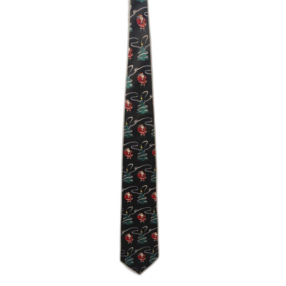 Wembley Mens Christmas Tie Black 100% Silk Santa Claus Holiday Tree Vintage